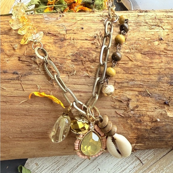 Handmade multi charms beaded layered necklace citrine and shells
